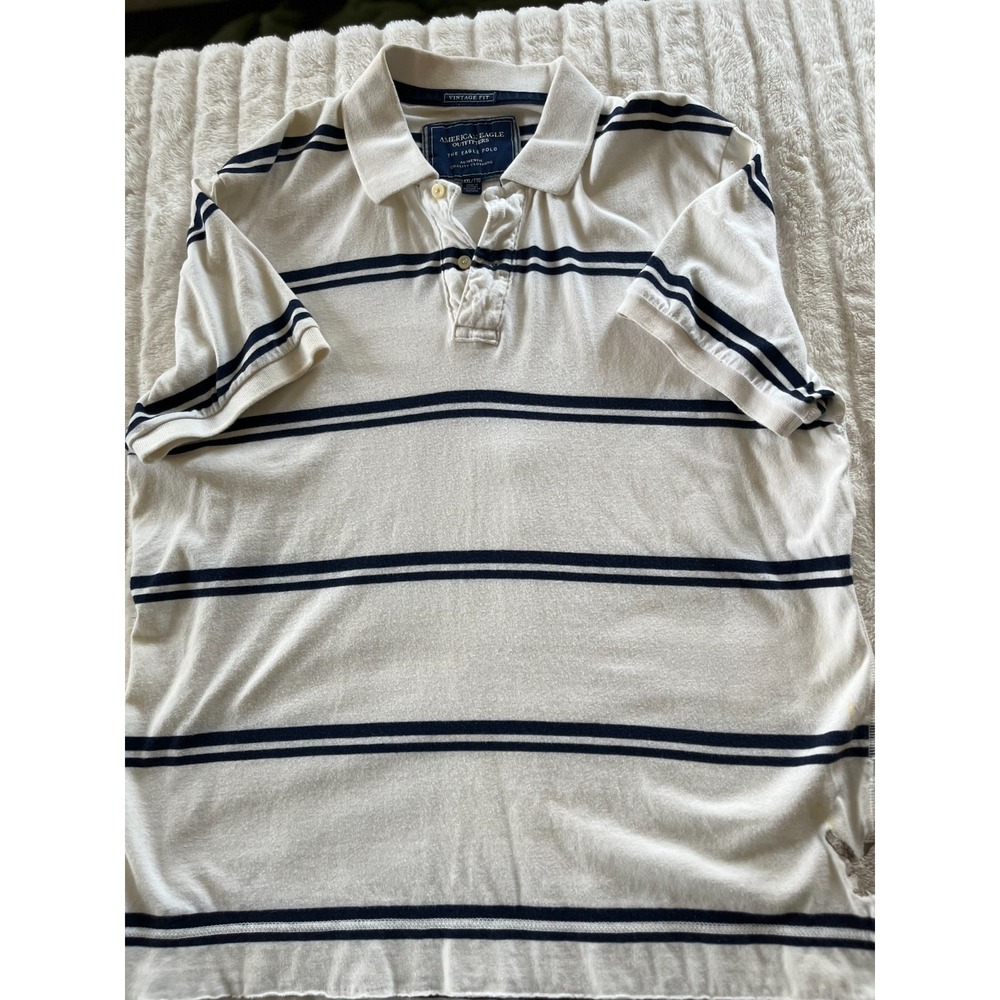 American Eagle Outfitters XXL‎ White w Blue Stripe Polo Shirt